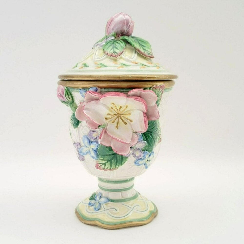 Fitz and Floyd Garden Rhapsody Lidded Jar 3D Pink Floral Jar Grannychic Decor